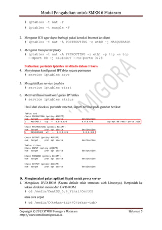 Modul Pengabdian untuk SMKN 6 Mataram
# iptables -t nat –F
# iptables –t mangle -F
2. Mengatur ICS agar dapat berbagi pakai koneksi Internet ke client
# iptables -t nat -A POSTROUTING -o eth0 -j MASQUERADE
3. Mengatur transparent proxy
# iptables -t nat -A PREROUTING -i eth1 -p tcp -m tcp
--dport 80 -j REDIRECT --to-ports 3128
Perhatian: perintah iptables ini ditulis dalam 1 baris
4. Menyimpan konfigurasi IPTables secara permanen
# service iptables save
5. Mengaktifkan service iptables
# service iptables start
6. Memverifikasi hasil konfigurasi IPTables
# service iptables status
Hasil dari eksekusi perintah tersebut, seperti terlihat pada gambar berikut:

D. Menginstalasi paket aplikasi Squid untuk proxy server
1. Mengakses DVD-ROM (Secara default telah termount oleh Linuxnya). Berpindah ke
lokasi direktori mount dari DVD-ROM
# cd /media/CentOS_5.6_Final/CentOS
atau cara cepat
# cd /media/C<tekan-tab>/C<tekan-tab>
Copyright © 2013 STMIK Bumigora Mataram
http://www.stmikbumigora.ac.id

Halaman 5

 
