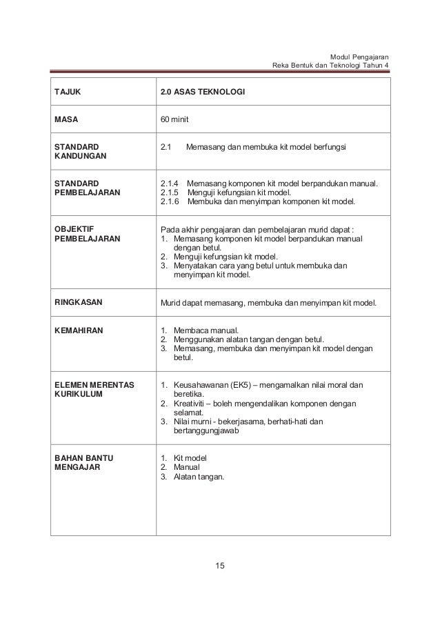 Modul Pengajaran Reka Bentuk dan Teknologi Tahun 4 2014
