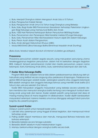 15 Badan Kependudukan dan Keluarga Berencana Nasional
Pusat Pendidikan dan Pelatihan Kependudukan dan Keluarga Berencana
c. Buku Menjadi Orangtua dalam Mengasuh Anak Usia 6-10 Tahun;
d. Buku Pengasuhan Kakek Nenek;
e. Buku Pengasuhan Anak Umur 0-6 Tahun bagi Orangtua yang Bekerja;
f. Buku Saku Bagi Kader BKB Penanaman Kesadaran terhadap Pelestarian Lingkun-
gan Bagi Keluarga yang mempunyai Balita dan Anak;
g. Buku 1000 Hari Pertama Kehidupan Bahan Penyuluhan BKB Bagi Kader;
h. Buku Penanaman dan Penerapan Nilai Karakter melalui 8 Fungsi Keluarga;
i. Buku Saku Penanaman Nilai-nilai Kesadaran Hukum sejak Dini dalam Keluarga;
j. Buku Peran Ayah dalam Pengasuhan;
k. Buku Anak dengan Kebutuhan Khusus (ABK);
l. Modul BKB EMAS (Bina Keluarga Balita-Elimininasi Masalah Anak Stunting)
(Buku-buku tersebut dapat diunduh di internet cis.bkkbn.go.id/kspk/).
Prasarana
Prasarana penyuluhan adalah segala sesuatu yang merupakan penunjang utama
terselenggaranya kegiatan penyuluhan, dalam hal ini berkaitan dengan kegiatan
BKB, meliputi: tempat penyimpanan materi dan media penyuluhan, papan nama
kelompok, Kartu Kembang Anak (KKA), buku administrasi kelompok dan alat tulis.
7. Kader Bina Keluarga Balita
Program BKB akan berjalan lancar bila dalam pelaksanaannya didukung oleh pi-
hak-pihak yang terlibat secara angsung atau pelaksana di lapangan. Pelaksana ke-
giatan BKB di lapangan adalah kader, sedangkan peserta atau anggota kelompok
BKB adalah orangtua dan anggota keluarga lainnya yang memiliki anak balita (0-5
tahun) dan usia pra sekolah (5-6 tahun).
Kader BKB merupakan anggota masyarakat yang bekerja secara sukarela da-
lam membina dan menyuluh orangtua balita tentang cara mengasuh tumbuh kem-
bang anak yang baik dan benar. Kader adalah pelatih yang berasal dari desa di
masing-masing lokasi di mana kegiatan ini dilaksanakan. Kader dipilih berdasarkan
masyarakat setempat, karena mereka umumnya dianggap sebagai tokoh panutan
bagi ibu-ibu peserta program.
Syarat-syarat Kader
Adapun syarat-syarat untuk menjadi kader yaitu:
1. Laki-laki atau perempuan yang tinggal di lokasi kegiatan, dan mempunyai minat
terhadap anak;
2. Paling sedikit dapat membaca dan menulis, menguasai Bahasa Indonesia dan
bahasa setempat;
3. Bersedia bekerja secara tenaga sukarela;
4. Bersedia dilatih sebelum mulai melaksanakan tugas;
5. Mampu berkomunikasi dengan orangtua balita secara baik.
 