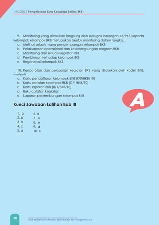38 Badan Kependudukan dan Keluarga Berencana Nasional
Pusat Pendidikan dan Pelatihan Kependudukan dan Keluarga Berencana
MODUL | Pengelolaan Bina Keluarga Balita (BKB)
9.	 Monitoring yang dilakukan langsung oleh petugas lapangan KB/PKB kepada
kelompok kelompok BKB merupakan bentuk monitoring dalam rangka...
a.	 Melihat sejauh mana pengembangan kelompok BKB
b.	 Pelaksanaan operasional dan keberlangsungan program BKB
c.	 Monitoring dan evluasi kegiatan BKB
d.	 Pembinaan terhadap kelompok BKB
e.	 Regenerasi kelompok BKB
10.	Pencatatan dan pelaporan kegiatan BKB yang dilakukan oleh kader BKB,
meliputi...
a.	 Kartu pendaftaran kelompok BKB (K/0/BKB/10)
b.	 Kartu catatan kelompok BKB (C/1/BKB/10)
c.	 Kartu laporan BKB (R/1/BKB/10)
d.	 Buku catatan kegiatan
e.	 Laporan perkembangan kelompok BKB
Kunci Jawaban Latihan Bab III
1. b
2. b
3. a
4. c
5. a
A6. d
7. e
8. e
9. d
10. e
 
