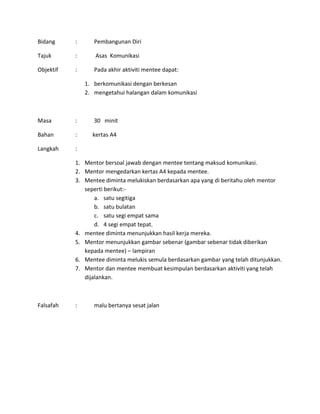 Bidang : Pembangunan Diri
Tajuk : Asas Komunikasi
Objektif : Pada akhir aktiviti mentee dapat:
1. berkomunikasi dengan berkesan
2. mengetahui halangan dalam komunikasi
Masa : 30 minit
Bahan : kertas A4
Langkah :
1. Mentor bersoal jawab dengan mentee tentang maksud komunikasi.
2. Mentor mengedarkan kertas A4 kepada mentee.
3. Mentee diminta melukiskan berdasarkan apa yang di beritahu oleh mentor
seperti berikut:-
a. satu segitiga
b. satu bulatan
c. satu segi empat sama
d. 4 segi empat tepat.
4. mentee diminta menunjukkan hasil kerja mereka.
5. Mentor menunjukkan gambar sebenar (gambar sebenar tidak diberikan
kepada mentee) – lampiran
6. Mentee diminta melukis semula berdasarkan gambar yang telah ditunjukkan.
7. Mentor dan mentee membuat kesimpulan berdasarkan aktiviti yang telah
dijalankan.
Falsafah : malu bertanya sesat jalan
 