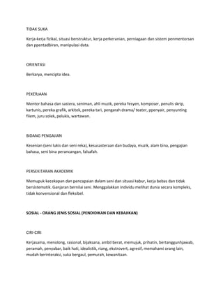 TIDAK SUKA
Kerja-kerja fizikal, situasi berstruktur, kerja perkeranian, perniagaan dan sistem penmentorsan
dan ppentadbiran, manipulasi data.
ORIENTASI
Berkarya, mencipta idea.
PEKERJAAN
Mentor bahasa dan sastera, seniman, ahli muzik, pereka fesyen, komposer, penulis skrip,
kartunis, pereka grafik, arkitek, pereka tari, pengarah drama/ teater, ppenyair, penyunting
filem, juru solek, pelukis, wartawan.
BIDANG PENGAJIAN
Kesenian (seni lukis dan seni reka), kesusasteraan dan budaya, muzik, alam bina, pengajian
bahasa, seni bina perancangan, falsafah.
PERSEKITARAN AKADEMIK
Memupuk kecekapan dan pencapaian dalam seni dan situasi kabur, kerja bebas dan tidak
bersistematik. Ganjaran bernilai seni. Menggalakkan individu melihat dunia secara kompleks,
tidak konvensional dan fleksibel.
SOSIAL - ORANG JENIS SOSIAL (PENDIDIKAN DAN KEBAJIKAN)
CIRI-CIRI
Kerjasama, menolong, rasional, bijaksana, ambil berat, memujuk, prihatin, bertanggunhjawab,
peramah, penyabar, baik hati, idealistik, riang, ekstrovert, agresif, memahami orang lain,
mudah berinteraksi, suka bergaul, pemurah, kewanitaan.
 
