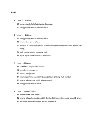 LELAKI
1. Umur 10 - 12 tahun
1.1 Kemunculan bulu-bulu ketiak dan kemaluan.
1.2 Ketinggian bertambah perlahan-lahan.
2. Umur 13 - 15 tahun
2.1 Ketinggian bertambah perlahan-lahan.
2.2 Ketumbuhan buah halkum.
2.3 Keluaran air mani tidak berlaku tanpa bantuan psikologi atau tekanan seksual atau
mimpi.
2.4 Dada membesar dan punggung kecil.
2.5 Organ-organ pembiakan mula membesar.
3. Umur 16-18 tahun.
3.1 Berbentuk sebagai lelaki dewasa.
3.2 Suara bertambah garau.
3.3 Kemunculan jerawat.
3.4 Bulu-bulu di muka seperti misai, janggut dan jambang mula tumbuh.
3.5 Potensi seksual yang sedikit ada pada awal.
3.6 Ketinggian bertambah pesat.
4. Umur 19 hingga 23 tahun.
4.1 Persediaan ke alam dewasa.
4.2 Potensi seksual bertambah sedikit demi sedikit berhenti meninggi umur 21 tahun.
4.3 Tekanan darah dan degupan jantung bertambah.
 