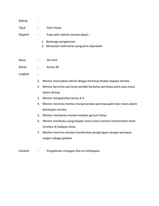 Bidang :
Tajuk : Garis Hayat
Objektif : Pada akhir aktiviti mentee dapat:-
1. Berkongsi pengalaman.
2. Menyedari kelemahan yang perlu diperbaiki.
Masa : 30 minit
Bahan : Kertas A4
Langkah :
1. Mentor memulakan aktiviti dengan bertanya khabar kepada mentee.
2. Mentor bercerita satu kisah pendek berkaitan peristiwa pahit atau manis
dalam dirinya
3. Mentor mengedarkan kertas A-4
4. Mentor meminta mentee menyenaraikan peristiwa pahit dan manis dalam
kehidupan mereka.
5. Mentor membantu mentee melakar garisan hidup
6. Mentor membuka ruang kepada mana-mana mentee menceritakan kisah
tersebut di hadapan kelas.
7. Mentor meminta mentee memberikan penghargaan dengan bertepuk
tangan sebagai galakan
Falsafah : Pengalaman mengajar kita erti kehidupan.
 