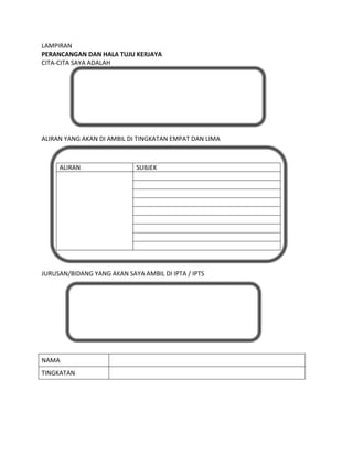 LAMPIRAN
PERANCANGAN DAN HALA TUJU KERJAYA
CITA-CITA SAYA ADALAH
ALIRAN YANG AKAN DI AMBIL DI TINGKATAN EMPAT DAN LIMA
JURUSAN/BIDANG YANG AKAN SAYA AMBIL DI IPTA / IPTS
NAMA
TINGKATAN
ALIRAN SUBJEK
 