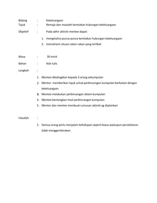 Bidang : Kekeluargaan
Tajuk : Remaja dan masalah keretakan hubungan kekeluargaan
Objektif : Pada akhir aktiviti mentee dapat:
1. mengetahui punca-punca keretakan hubungan kekeluargaan
2. memahami situasi rakan-rakan yang terlibat
Masa : 30 minit
Bahan : Alat tulis
Langkah :
1. Mentee dibahagikan kepada 3 orang sekumpulan
2. Mentor memberikan tajuk untuk perbincangan kumpulan berkaitan dengan
kekeluargaan.
3. Mentee melakukan perbincangan dalam kumpulan
4. Mentee bentangkan hasil perbincangan kumpulan.
5. Mentor dan mentee membuat rumusan aktiviti yg dijalankan
Falsafah :
1. Semua orang perlu menjalani kehidupan seperti biasa walaupun persekitaran
tidak menggembirakan.
 