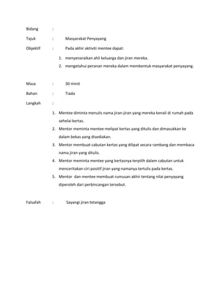 Bidang :
Tajuk : Masyarakat Penyayang
Objektif : Pada akhir aktiviti mentee dapat:
1. menyenaraikan ahli keluarga dan jiran mereka.
2. mengetahui peranan mereka dalam membentuk masyarakat penyayang.
Masa : 30 minit
Bahan : Tiada
Langkah :
1. Mentee diminta menulis nama jiran-jiran yang mereka kenali di rumah pada
sehelai kertas.
2. Mentor meminta mentee melipat kertas yang ditulis dan dimasukkan ke
dalam bekas yang disediakan.
3. Mentor membuat cabutan kertas yang dilipat secara rambang dan membaca
nama jiran yang ditulis.
4. Mentor meminta mentee yang kertasnya terpilih dalam cabutan untuk
menceritakan ciri positif jiran yang namanya tertulis pada kertas.
5. Mentor dan mentee membuat rumusan akhir tentang nilai penyayang
diperoleh dari perbincangan tersebut.
Falsafah : Sayangi jiran tetangga
 