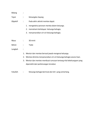 Bidang :
Tajuk : Keluargaku Sayang
Objektif : Pada akhir aktiviti mentee dapat:
1. mengetahui peranan mereka dalam keluarga.
2. memahami kehidupan keluarga bahagia.
3. menyenaraikan ciri-ciri keluarga bahagia.
Masa : 30 minit
Bahan : Tiada
Langkah :
1. Mentor dan mentee bersoal jawab mengenai keluarga.
2. Mentee diminta menyenaraikan ciri-ciri keluarga bahagia secara lisan.
3. Mentor dan mentee membuat rumusan tentang nilai kekeluargaan yang
diperolehi dari perbincangan tersebut.
Falsafah : Keluarga bahagia bermula dari diri yang cemerlang.
 
