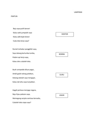 LAMPIRAN
PANTUN
Baju saya putih berseri
Kalau sakit jumpalah saya
Kalau adik bijak bistari
Cuba teka kerja saya?
Rumah terbakar panggillah saya,
Saya datang berlumba-lumba,
Padam api kerja saya,
Kalau tahu cubalah teka.
Buah cempedak diluar pagar,
Ambil galah tolong jolokkan,
Datang sekolah saya mengajar,
Kalau tak tahu saya tunjukkan.
Gagah perkasa menjaga negara,
Baju hijau pakaian saya,
Memegang senjata sentiasa bersedia,
Cubalah teka siapa saya?
DOKTOR
BOMBA
GURU
ASKAR
 