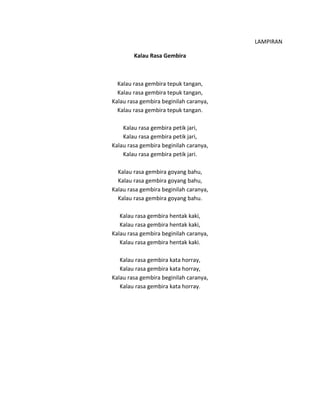 LAMPIRAN
Kalau Rasa Gembira
Kalau rasa gembira tepuk tangan,
Kalau rasa gembira tepuk tangan,
Kalau rasa gembira beginilah caranya,
Kalau rasa gembira tepuk tangan.
Kalau rasa gembira petik jari,
Kalau rasa gembira petik jari,
Kalau rasa gembira beginilah caranya,
Kalau rasa gembira petik jari.
Kalau rasa gembira goyang bahu,
Kalau rasa gembira goyang bahu,
Kalau rasa gembira beginilah caranya,
Kalau rasa gembira goyang bahu.
Kalau rasa gembira hentak kaki,
Kalau rasa gembira hentak kaki,
Kalau rasa gembira beginilah caranya,
Kalau rasa gembira hentak kaki.
Kalau rasa gembira kata horray,
Kalau rasa gembira kata horray,
Kalau rasa gembira beginilah caranya,
Kalau rasa gembira kata horray.
 