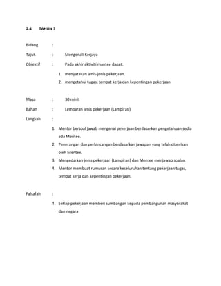 2.4 TAHUN 3
Bidang :
Tajuk : Mengenali Kerjaya
Objektif : Pada akhir aktiviti mantee dapat:
1. menyatakan jenis-jenis pekerjaan.
2. mengetahui tugas, tempat kerja dan kepentingan pekerjaan
Masa : 30 minit
Bahan : Lembaran jenis pekerjaan (Lampiran)
Langkah :
1. Mentor bersoal jawab mengenai pekerjaan berdasarkan pengetahuan sedia
ada Mentee.
2. Penerangan dan perbincangan berdasarkan jawapan yang telah diberikan
oleh Mentee.
3. Mengedarkan jenis pekerjaan (Lampiran) dan Mentee menjawab soalan.
4. Mentor membuat rumusan secara keseluruhan tentang pekerjaan tugas,
tempat kerja dan kepentingan pekerjaan.
Falsafah :
1. Setiap pekerjaan memberi sumbangan kepada pembangunan masyarakat
dan negara
 