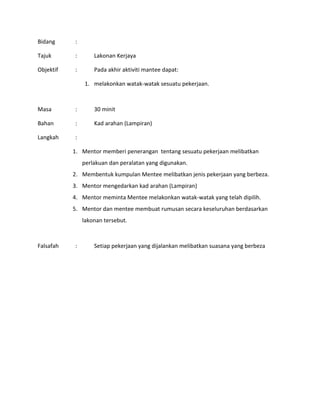 Bidang :
Tajuk : Lakonan Kerjaya
Objektif : Pada akhir aktiviti mantee dapat:
1. melakonkan watak-watak sesuatu pekerjaan.
Masa : 30 minit
Bahan : Kad arahan (Lampiran)
Langkah :
1. Mentor memberi penerangan tentang sesuatu pekerjaan melibatkan
perlakuan dan peralatan yang digunakan.
2. Membentuk kumpulan Mentee melibatkan jenis pekerjaan yang berbeza.
3. Mentor mengedarkan kad arahan (Lampiran)
4. Mentor meminta Mentee melakonkan watak-watak yang telah dipilih.
5. Mentor dan mentee membuat rumusan secara keseluruhan berdasarkan
lakonan tersebut.
Falsafah : Setiap pekerjaan yang dijalankan melibatkan suasana yang berbeza
 