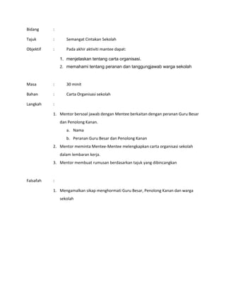 Bidang :
Tajuk : Semangat Cintakan Sekolah
Objektif : Pada akhir aktiviti mantee dapat:
1. menjelaskan tentang carta organisasi.
2. memahami tentang peranan dan tanggungjawab warga sekolah
Masa : 30 minit
Bahan : Carta Organisasi sekolah
Langkah :
1. Mentor bersoal jawab dengan Mentee berkaitan dengan peranan Guru Besar
dan Penolong Kanan.
a. Nama
b. Peranan Guru Besar dan Penolong Kanan
2. Mentor meminta Mentee-Mentee melengkapkan carta organisasi sekolah
dalam lembaran kerja.
3. Mentor membuat rumusan berdasarkan tajuk yang dibincangkan
Falsafah :
1. Mengamalkan sikap menghormati Guru Besar, Penolong Kanan dan warga
sekolah
 