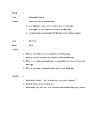 Bidang :
Tajuk : Keluargaku Sayang
Objektif : Pada akhir aktiviti mantee dapat:
1. meningkatkan rasa hormat kepada semua ahli keluarga
2. meningkatkan hubungan mesra dengan ahli keluarga
3. melakonkan peranan setiap individu dalam institusi kekeluargaan
Masa : 30 minit
Bahan : Tiada
Langkah :
1. Mentor meminta mentee menyebut nama ahli keluarga.
2. Mentor bersoal jawab tentang panggilan dalam ahli keluarga
3. Mentee menyatakan pendapat cara meningkatkan kemesraan dengan ahli
keluarga.
4. Mentor membuat rumusan terhadap aktiviti yang dijalankan
Falsafah :
1. Melahirkan budaya “Yang tua dihormati, yang muda disayangi”.
2. Berbudi bahasa, budaya hidup kita.
3. Komunikasi yang berkesan akan melahirkan sebuah keluarga yang harmoni.
 