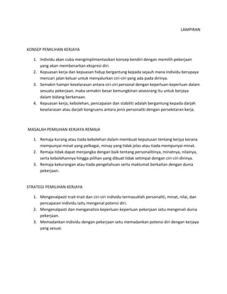 LAMPIRAN
KONSEP PEMILIHAN KERJAYA
1. Individu akan cuba mengimplimentasikan konsep kendiri dengan memilih pekerjaan
yang akan membenarkan ekspresi diri.
2. Kepuasan kerja dan kepuasan hidup bergantung kepada sejauh mana individu berupaya
mencari jalan keluar untuk menyalurkan ciri-ciri yang ada pada dirinya.
3. Semakin hampir keselarasan antara ciri-ciri personal dengan keperluan-keperluan dalam
sesuatu pekerjaan, maka semakin besar kemungkinan seseorang itu untuk berjaya
dalam bidang berkenaan.
4. Kepuasan kerja, kebolehan, pencapaian dan stabiliti adalah bergantung kepada darjah
keselarasan atau darjah kongruens antara jenis personaliti dengan persekitaran kerja.
MASALAH PEMILIHAN KERJAYA REMAJA
1. Remaja kurang atau tiada kebolehan dalam membuat keputusan tentang kerjya kerana
mempunyai minat yang pelbagai, minay yang tidak jelas atau tiada mempunyai minat.
2. Remaja tidak dapat menjangka dengan baik tentang personalitinya, minatnya, nilainya,
serta kebolehannya hingga pilihan yang dibuat tidak setimpal dengan ciri-ciri dirinya.
3. Remaja kekurangan atau tiada pengetahuan serta maklumat berkaitan dengan dunia
pekerjaan.
STRATEGI PEMILIHAN KERJAYA
1. Mengenalpasti trait-trait dan ciri-ciri individu termasuklah personaliti, minat, nilai, dan
pencapaian individu iaitu mengenal potensi diri.
2. Mengenalpasti dan menganalisis keperluan-keperluan pekerjaan iaitu mengenali dunia
pekerjaan.
3. Memadankan individu dengan pekerjaan iaitu memadankan potensi diri dengan kerjaya
yang sesuai.
 