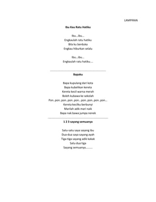 LAMPIRAN
Ibu Kau Ratu Hatiku
Ibu...ibu...
Engkaulah ratu hatiku
Bila ku berduka
Engkau hiburkan selalu
Ibu...ibu...
Engkaulah ratu hatiku....
........................................................................
Bapaku
Bapa kupulang dari kota
Bapa kubelikan kereta
Kereta kecil warna merah
Boleh kubawa ke sekolah
Pon..pon..pon..pon..pon...pon..pon..pon..pon...
Kereta kecilku berbunyi
Marilah adik mari naik
Bapa nak bawa jumpa nenek
..............................................................................
1 2 3 sayang semuanya
Satu-satu saya sayang ibu
Dua-dua saya sayang ayah
Tiga-tiga sayang adik kakak
Satu dua tiga
Sayang semuanya.........
 