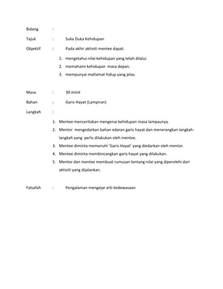 Bidang :
Tajuk : Suka Duka Kehidupan
Objektif : Pada akhir aktiviti mentee dapat:
1. mengetahui nilai kehidupan yang telah dilalui.
2. memahami kehidupan masa depan.
3. mempunyai matlamat hidup yang jelas.
Masa : 30 minit
Bahan : Garis Hayat (Lampiran)
Langkah :
1. Mentee menceritakan mengenai kehidupan masa lampaunya.
2. Mentor mengedarkan bahan edaran garis hayat dan menerangkan langkah-
langkah yang perlu dilakukan oleh mentee.
3. Mentee diminta memenuhi ’Garis Hayat’ yang diedarkan oleh mentor.
4. Mentee diminta membincangkan garis hayat yang dilakukan.
5. Mentor dan mentee membuat rumusan tentang nilai yang diperolehi dari
aktiviti yang dijalankan.
Falsafah : Pengalaman mengejar erti kedewasaan
 