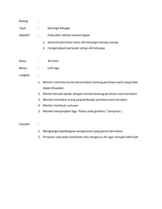 Bidang :
Tajuk : Keluarga Bahagia
Objektif : Pada akhir aktiviti mantee dapat:
1. bercerita peristiwa manis ahli keluarga masing-masing.
2. mengenalpasti perasaan setiap ahli keluarga
Masa : 30 minit
Bahan : Lirik lagu
Langkah :
1. Mentor meminta murid menceritakan tentang peristiwa manis yang tidak
dapat dilupakan.
2. Mentor bersoal jawab dengan mentee tentang peristiwa manis tersebut.
3. Mentee menyebut orang yang berkongsi peritiwa manis tersebut.
4. Mentor membuat rumusan.
5. Mentee menyanyikan lagu “Kalau anda gembira.” (lampiran )
Falsafah :
1. Menghargai kepelbagaian pengalaman yang penuh bermakna.
2. Perasaan suka duka membantu kita mengurus diri agar menjadi lebih baik
 