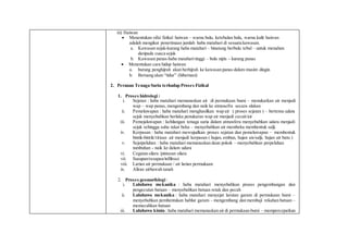iii) Haiwan
 Menentukan sifat fizikal haiwan – warna bulu, ketebalan bulu, warna kulit haiwan
adalah mengikut penerimaan jumlah haba matahari di sesuatukawasan.
a. Kawasan sejuk-kurang haba matahari – binatang berbulu tebal – untuk menahan
daripada cuaca sejuk
b. Kawasan panas-haba mataharitinggi – bulu nipis - kurang panas
 Menentukan cara hidup haiwan
a. burung penghijrah akan berhijrah ke kawasan panas dalam musim dingin
b. Beruang akan “tidur” (hibernasi)
2. Peranan Tenaga Suria terhadap Proses Fizikal
1. Proses hidrologi :
i. Sejatan : haba matahari memanaskan air di permukaan bumi – menukarkan air menjadi
wap – wap panas, mengembang dan naik ke atmosefra secara olakan
ii. Pemeluwapan : haba matahari menghasilkan wap air ( proses sejatan ) – bertemu udara
sejuk menyebabkan berlaku penukaran wap air menjadi cecair/air
iii. Pemejaluwapan : kehilangan tenaga suria dalam atmosfera menyebabkan udara menjadi
sejuk sehingga suhu takat beku – menyebabkan air membeku membentuk salji.
iv. Kerpasan : haba matahari mewujudkan proses sejatan dan pemeluwapan – membentuk
bintik-bintik/titisan air menjadi kerpasan ( hujan, embun, hujan ais/salji, hujan air batu )
v. Sejatpeluhan : haba matahari memanaskan daun pokok – menyebabkan perpeluhan
tumbuhan - naik ke dalam udara
vi. Cegatan silara /pintasan silara
vii. Susupan/resapan/infiltrasi
viii. Larian air permukaan / air larian permukaan
ix. Aliran airbawah tanah
2. Proses geomorfologi :
i. Luluhawa mekanika : haba matahari menyebabkan proses pengembangan dan
pengecutan batuan – menyebabkan batuan retak dan pecah
ii. Luluhawa mekanika : haba matahari menyejat larutan garam di permukaan bumi –
menyebabkan pembentukan hablur garam – mengembang dan membaji rekahan batuan –
memecahkan batuan
iii. Luluhawa kimia : haba matahari memanaskan air di permukaan bumi – mempercepatkan
 