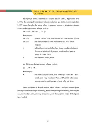 MODUL PRAKTIKUM PERANCANGAN JALAN
2021/2022
15
Selanjutnya, untuk menetapkan kriteria desain teknis, diperlukan data
LHRTD dan umur pelayanan jalan untuk menetapkan qJD. Untuk memproyeksikan
LHRT tahun berjalan ke akhir tahun pelayanan, umumnya dilakukan dengan
menggunakan persamaan sebagai berikut.
LHRTD = LHRTTB × (1 + i)𝑛𝑛
Keterangan :
LHRTD : adalah volume lalu lintas harian rata rata tahunan desain
LHRTTB : adalah volume lalu lintas harian rata-rata pada tahun
berjalan
i : adalah faktor pertumbuhan lalu lintas, gunakan nilai yang
disepakati, nilai tipikal yang sering digunakan berkisar
antara 5,5% s.d. 10%
n : adalah umur desain, tahun
qJD ditetapkan dari persamaan sebagai berikut.
qJD = LHRTD × K
Keterangan :
K : adalah faktor jam desain, nilai tipikalnya adalah 8% - 11%
untuk jalan yang padat dan 7% s.d. 15% untuk jalan yang
kurang padat seperti jalur pariwisata, jalur luar kota.
Untuk menetapkan kriteria desain teknis lainnya, meliputi dimensi jalan
(lebar jalur dan kemiringan melintang, bahu dan kemiringan melintang, median jika
ada, saluran tepi jalan, ambang pengaman), dan Ruang jalan. Dapat dilihat pada
tabel berikut.
 