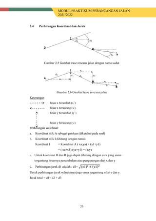 MODUL PRAKTIKUM PERANCANGAN JALAN
2021/2022
26
2.4 Perhitungan Koordinat dan Jarak
Gambar 2.5 Gambar trase rencana jalan dengan nama sudut
Gambar 2.6 Gambar trase rencana jalan
Keterangan
: besar x berambah (x+
)
: besar x berkurang (x-
)
: besar y bertambah (y+
)
: besar y berkurang (y-
)
Perhitungan koordinat:
a. Koordinat titik A sebagai patokan (diketahui pada soal)
b. Koordinat titik I dihitung dengan rumus
Koordinat I = Koordinat A ( xa;ya) + (x1+y1)
= ( xa+x1);(ya+y1) = (x;y)
c. Untuk koordinat II dan B juga dapat dihitung dengan cara yang sama
tergantung besarnya penambahan atau pengurangan dari x dan y
d. Perhitungan jarak d1 adalah : d1= �(𝑥𝑥1)2 + (𝑦𝑦1)2
Untuk perhitungan jarak selanjutnya juga sama tergantung nilai x dan y.
Jarak total = d1+ d2 + d3
 