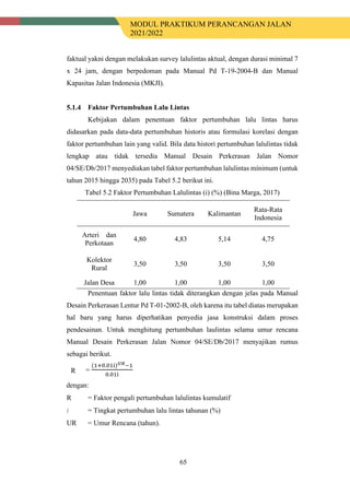 MODUL PRAKTIKUM PERANCANGAN JALAN
2021/2022
65
faktual yakni dengan melakukan survey lalulintas aktual, dengan durasi minimal 7
x 24 jam, dengan berpedoman pada Manual Pd T-19-2004-B dan Manual
Kapasitas Jalan Indonesia (MKJI).
Faktor Pertumbuhan Lalu Lintas
Kebijakan dalam penentuan faktor pertumbuhan lalu lintas harus
didasarkan pada data-data pertumbuhan historis atau formulasi korelasi dengan
faktor pertumbuhan lain yang valid. Bila data histori pertumbuhan lalulintas tidak
lengkap atau tidak tersedia Manual Desain Perkerasan Jalan Nomor
04/SE/Db/2017 menyediakan tabel faktor pertumbuhan lalulintas mínimum (untuk
tahun 2015 hingga 2035) pada Tabel 5.2 berikut ini.
Tabel 5.2 Faktor Pertumbuhan Lalulintas (i) (%) (Bina Marga, 2017)
Jawa Sumatera Kalimantan
Rata-Rata
Indonesia
Arteri dan
Perkotaan
4,80 4,83 5,14 4,75
Kolektor
Rural
3,50 3,50 3,50 3,50
Jalan Desa 1,00 1,00 1,00 1,00
Penentuan faktor lalu lintas tidak diterangkan dengan jelas pada Manual
Desain Perkerasan Lentur Pd T-01-2002-B, oleh karena itu tabel diatas merupakan
hal baru yang harus diperhatikan penyedia jasa konstruksi dalam proses
pendesainan. Untuk menghitung pertumbuhan laulintas selama umur rencana
Manual Desain Perkerasan Jalan Nomor 04/SE/Db/2017 menyajikan rumus
sebagai berikut.
dengan:
R = Faktor pengali pertumbuhan lalulintas kumulatif
ⅈ = Tingkat pertumbuhan lalu lintas tahunan (%)
UR = Umur Rencana (tahun).
R
 