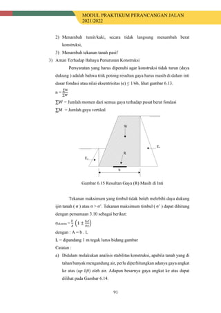 MODUL PRAKTIKUM PERANCANGAN JALAN
2021/2022
91
2) Menambah tumit/kaki, secara tidak langsung menambah berat
konstruksi,
3) Menambah tekanan tanah pasif
3) Aman Terhadap Bahaya Penurunan Konstruksi
Persyaratan yang harus dipenuhi agar konstruksi tidak turun (daya
dukung ) adalah bahwa titik potong resultan gaya harus masih di dalam inti
dasar fondasi atau nilai eksentrisitas (e) ≤ 1/6b, lihat gambar 6.13.
n =
∑M
∑𝑊𝑊
∑𝑊𝑊 = Jumlah momen dari semua gaya terhadap pusat berat fondasi
∑𝑀𝑀 = Jumlah gaya vertikal
Gambar 6.15 Resultan Gaya (R) Masih di Inti
Tekanan maksimum yang timbul tidak boleh melebihi daya dukung
ijin tanah ( σ ) atau σ > σ’. Tekanan maksimum timbul ( σ’ ) dapat dihitung
dengan persamaan 3.10 sebagai berikut:
σekstrim =
𝑉𝑉
𝐴𝐴
�1 ±
6.𝑒𝑒
𝑏𝑏𝑏𝑏
�
dengan : A = b . L
L = dipandang 1 m tegak lurus bidang gambar
Catatan :
a) Didalam melakukan analisis stabilitas konstruksi, apabila tanah yang di
tahan banyak mengandung air, perlu diperhitungkan adanya gaya angkat
ke atas (up lift) oleh air. Adapun besarnya gaya angkat ke atas dapat
dilihat pada Gambar 6.14.
 