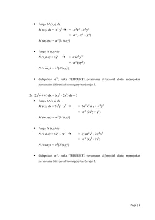    fungsi M (x,y) dx
       M (x,y) dx = -x3-y3  = - 𝛼 3 𝑥 3 - 𝛼 3 𝑦 3
                                   =   𝛼 3 (−𝑥 3 −𝑦 3 )
       M (𝛼x,𝛼y) = 𝛼 3 [M (x,y)]


      fungsi N (x,y) dy
       N (x,y) dy = xy2           = 𝛼𝑥𝛼 3 𝑦 3
                                   =   𝛼 3 (x𝑦 2 )
       N (𝛼x,𝛼y) = 𝛼 3 [N (x,y)]


      didapatkan 𝛼 3 , maka TERBUKTI persamaan diferensial diatas merupakan
       persamaan diferensial homogeny berderajat 3.


2) (2x2y + y3) dx + (xy2 – 2x3) dy = 0
      fungsi M (x,y) dx
       M (x,y) dx = 2x2y + y3             = 2𝛼 2 x2 𝛼 y + 𝛼 3 y3
                                           =     𝛼 3 (2x2y + y3)
       M (𝛼x,𝛼y) = 𝛼 3 [M (x,y)]


      fungsi N (x,y) dy
       N (x,y) dy = xy2 – 2x3             = 𝛼 x𝛼 2 y2 – 2𝛼 3 x3
                                           =     𝛼 3 (xy2 – 2x3)
       N (𝛼x,𝛼y) = 𝛼 3 [N (x,y)]


      didapatkan 𝛼 3 , maka TERBUKTI persamaan diferensial diatas merupakan
       persamaan diferensial homogeny berderajat 3.




                                                                     Page | 9
 