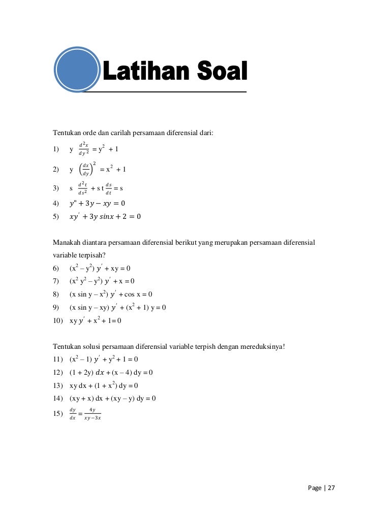 Contoh Soal Persamaan Diferensial Variabel Terpisah