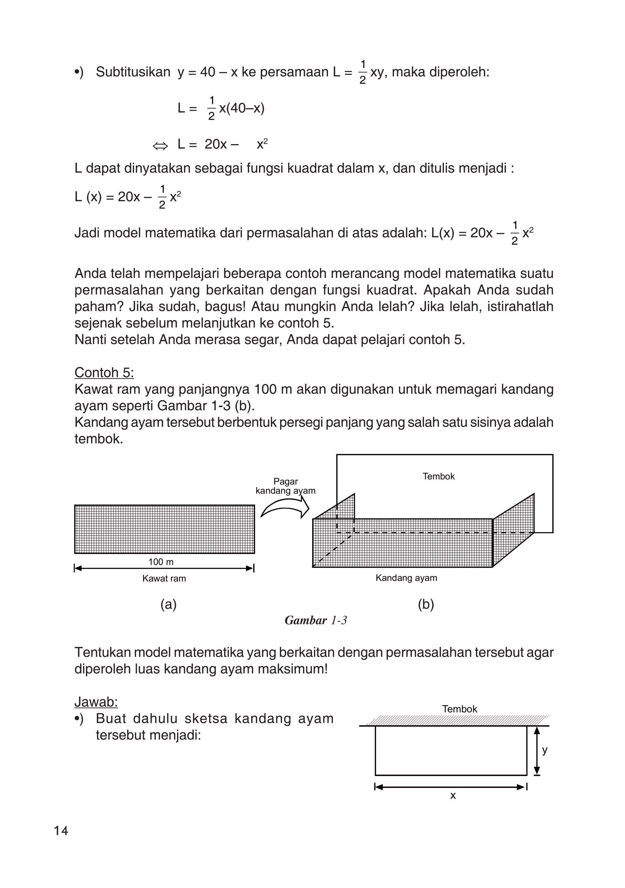 14
•) Subtitusikan y = 40 – x ke persamaan L =
2
1
xy, maka diperoleh:
L =
2
1
x(40–x)
⇔ L = 20x – x2
L dapat dinyatakan sebagai fungsi kuadrat dalam x, dan ditulis menjadi :
L (x) = 20x –
2
1
x2
Jadi model matematika dari permasalahan di atas adalah: L(x) = 20x –
2
1
x2
Anda telah mempelajari beberapa contoh merancang model matematika suatu
permasalahan yang berkaitan dengan fungsi kuadrat. Apakah Anda sudah
paham? Jika sudah, bagus! Atau mungkin Anda lelah? Jika lelah, istirahatlah
sejenak sebelum melanjutkan ke contoh 5.
Nanti setelah Anda merasa segar, Anda dapat pelajari contoh 5.
Contoh 5:
Kawat ram yang panjangnya 100 m akan digunakan untuk memagari kandang
ayam seperti Gambar 1-3 (b).
Kandang ayam tersebut berbentuk persegi panjang yang salah satu sisinya adalah
tembok.
(a) (b)
Gambar 1-3
Tentukan model matematika yang berkaitan dengan permasalahan tersebut agar
diperoleh luas kandang ayam maksimum!
Jawab:
•) Buat dahulu sketsa kandang ayam
tersebut menjadi:
Tembok
Kandang ayam
Pagar
kandang ayam
100 m
Kawat ram
Tembok
x
y
 
