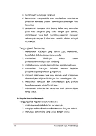 10 Modul PIGP bagi Pembimbing
3. kemampuan komunikasi yang baik
4. kemampuan menganalisis dan memberikan saran-saran
perbaikan terhadap proses pembelajaran/bimbingan dan
konseling;
5. pengalaman mengajar pada jenjang kelas yang sama dan
pada mata pelajaran yang sama dengan guru pemula,
diprioritaskan yang telah memiliki;pengalaman mengajar
sekurang-kurangnya 5 tahun dan memiliki jabatan sebagai
Guru Muda.
Tanggungjawab Pembimbing:
1. menciptakan hubungan yang bersifat jujur, memotivasi,
bersahabat, terbuka dengan guru pemula;
2. memberikan bimbingan dalam proses
pembelajaran/bimbingan dan konseling
3. melibatkan guru pemula dalam aktivitas sekolah/madrasah;
4. memberikan dukungan terhadap rencana kegiatan
pengembangan keprofesian guru pemula;
5. memberi kesempatan bagi guru pemula untuk melakukan
observasi pembelajaran/bimbingan dan konseling guru lain;
6. melaporkan kemajuan dan perkembangan guru pemula
kepada pengawas sekolah/ madrasah;
7. memberikan masukan dan saran atas hasil pembimbingan
tahap kedua.
b. Kepala Sekolah/Madrasah
Tanggungjawab Kepala Sekolah/madrasah :
1. melakukan analisis kebutuhan guru pemula;
2. menyiapkan Buku Pendoman Pelaksanaan Program Induksi;
3. menunjuk pembimbing yang sesuai dengan kriteria;
 