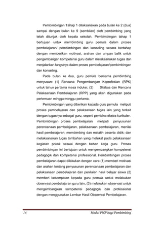 14 Modul PIGP bagi Pembimbing
Pembimbingan Tahap 1 dilaksanakan pada bulan ke 2 (dua)
sampai dengan bulan ke 9 (sembilan) oleh pembimbing yang
telah ditunjuk oleh kepala sekolah. Pembimbingan tahap 1
bertujuan untuk membimbing guru pemula dalam proses
pembelajaran/ pembimbingan dan konseling secara bertahap
dengan memberikan motivasi, arahan dan umpan balik untuk
pengembangan kompetensi guru dalam melaksanakan tugas dan
menjalankan fungsinya dalam proses pembelajaran/pembimbingan
dan konseling.
Pada bulan ke dua, guru pemula bersama pembimbing
menyusun: (1) Rencana Pengembangan Keprofesian (RPK)
untuk tahun pertama masa induksi, (2) Silabus dan Rencana
Pelaksanaan Pembelajaran (RPP) yang akan digunakan pada
pertemuan minggu-minggu pertama.
Pembimbingan yang diberikan kepada guru pemula meliputi
proses pembelajaran dan pelaksanaan tugas lain yang terkait
dengan tugasnya sebagai guru, seperti pembina ekstra kurikuler.
Pembimbingan proses pembelajaran meliputi penyusunan
perencanaan pembelajaran, pelaksanaan pembelajaran, menilai
hasil pembelajaran; membimbing dan melatih peserta didik; dan
melaksanakan tugas tambahan yang melekat pada pelaksanaan
kegiatan pokok sesuai dengan beban kerja guru. Proses
pembimbingan ini bertujuan untuk mengembangkan kompetensi
pedagogik dan kompetensi professional. Pembimbingan proses
pembelajaran dapat dilakukan dengan cara (1) memberi motivasi
dan arahan tentang penyusunan perencanaan pembelajaran dan
pelaksanaan pembelajaran dan penilaian hasil belajar siswa (2)
memberi kesempatan kepada guru pemula untuk melakukan
observasi pembelajaran guru lain, (3) melakukan observasi untuk
mengembangkan kompetensi pedagogik dan professional
dengan menggunakan Lembar Hasil Observasi Pembelajaran.
 