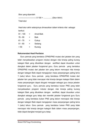 Modul PIGP bagi Pembimbing 19
Skor yang diperoleh
---------------------------- X 100 = ................ (Skor Akhir)
Total skor
Hasil skor akhir selanjutnya dimasukkan dalam kriteria nilai sebagai
berikut:
91 - 100 = Amat Baik
76 - 90 = Baik
61 - 75 = Cukup
51 - 60 = Sedang
< 50 = Kurang
Rekomendasi Hasil Penilaian
Guru pemula yang berstatus CPNS/PNS mutasi dari jabatan lain yang
telah menyelesaikan program induksi dengan nilai kinerja paling kurang
kategori Baik yang dibuktikan dengan sertifikat dapat diusulkan untuk
diangkat dalam jabatan fungsional guru. Guru pemula yang berstatus
CPNS/PNS mutasi dari jabatan lain yang belum mencapai nilai kinerja
dengan kategori Baik dapat mengajukan masa perpanjangan paling lama
1 (satu) tahun. Guru pemula yang berstatus CPNS/PNS mutasi dari
jabatan lain yang tidak mencapai nilai kinerja dengan kategori Baik dalam
masa perpanjangan dapat ditugasi mengajar sebagai guru tanpa jabatan
fungsional guru. Guru pemula yang berstatus bukan PNS yang telah
menyelesaikan program induksi dengan nilai kinerja paling kurang
kategori Baik yang dibuktikan dengan sertifikat, dapat diusulkan untuk
diangkat sebagai guru tetap dan memiliki jabatan fungsional guru Guru
pemula yang berstatus bukan PNS yang belum mencapai nilai kinerja
dengan kategori Baik dapat mengajukan masa perpanjangan paling lama
1 (satu) tahun. Guru pemula yang berstatus bukan PNS yang tidak
mencapai nilai kinerja dengan kategori Baik dalam masa perpanjangan,
tidak dapat diangkat menjadi guru tetap.
 