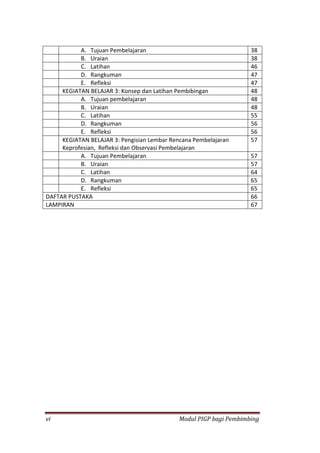 vi Modul PIGP bagi Pembimbing
A. Tujuan Pembelajaran 38
B. Uraian 38
C. Latihan 46
D. Rangkuman 47
E. Refleksi 47
KEGIATAN BELAJAR 3: Konsep dan Latihan Pembibingan 48
A. Tujuan pembelajaran 48
B. Uraian 48
C. Latihan 55
D. Rangkuman 56
E. Refleksi 56
KEGIATAN BELAJAR 3: Pengisian Lembar Rencana Pembelajaran
Keprofesian, Refleksi dan Observasi Pembelajaran
57
A. Tujuan Pembelajaran 57
B. Uraian 57
C. Latihan 64
D. Rangkuman 65
E. Refleksi 65
DAFTAR PUSTAKA 66
LAMPIRAN 67
 
