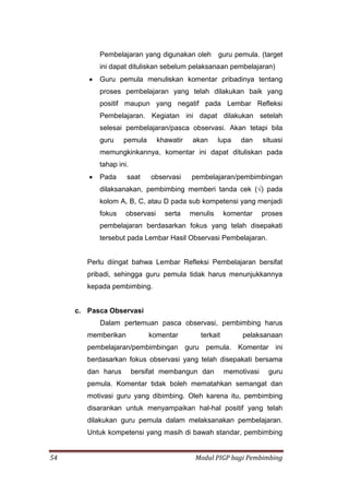54 Modul PIGP bagi Pembimbing
Pembelajaran yang digunakan oleh guru pemula. (target
ini dapat dituliskan sebelum pelaksanaan pembelajaran)
 Guru pemula menuliskan komentar pribadinya tentang
proses pembelajaran yang telah dilakukan baik yang
positif maupun yang negatif pada Lembar Refleksi
Pembelajaran. Kegiatan ini dapat dilakukan setelah
selesai pembelajaran/pasca observasi. Akan tetapi bila
guru pemula khawatir akan lupa dan situasi
memungkinkannya, komentar ini dapat dituliskan pada
tahap ini.
 Pada saat observasi pembelajaran/pembimbingan
dilaksanakan, pembimbing memberi tanda cek (√) pada
kolom A, B, C, atau D pada sub kompetensi yang menjadi
fokus observasi serta menulis komentar proses
pembelajaran berdasarkan fokus yang telah disepakati
tersebut pada Lembar Hasil Observasi Pembelajaran.
Perlu diingat bahwa Lembar Refleksi Pembelajaran bersifat
pribadi, sehingga guru pemula tidak harus menunjukkannya
kepada pembimbing.
c. Pasca Observasi
Dalam pertemuan pasca observasi, pembimbing harus
memberikan komentar terkait pelaksanaan
pembelajaran/pembimbingan guru pemula. Komentar ini
berdasarkan fokus observasi yang telah disepakati bersama
dan harus bersifat membangun dan memotivasi guru
pemula. Komentar tidak boleh mematahkan semangat dan
motivasi guru yang dibimbing. Oleh karena itu, pembimbing
disarankan untuk menyampaikan hal-hal positif yang telah
dilakukan guru pemula dalam melaksanakan pembelajaran.
Untuk kompetensi yang masih di bawah standar, pembimbing
 