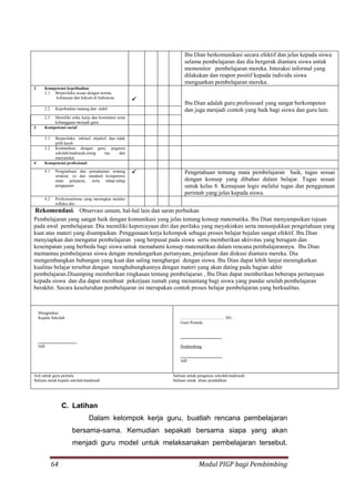 64 Modul PIGP bagi Pembimbing
C. Latihan
Dalam kelompok kerja guru, buatlah rencana pembelajaran
bersama-sama. Kemudian sepakati bersama siapa yang akan
menjadi guru model untuk melaksanakan pembelajaran tersebut.
Ibu Dian berkomunikasi secara efektif dan jelas kepada siswa
selama pembelajaran dan dia bergerak diantara siswa untuk
memonitor pembelajaran mereka. Interaksi informal yang
dilakukan dan respon positif kepada individu siswa
menguatkan pembelajaran mereka.
2 Kompetensi kepribadian
2.1 Berperilaku sesuai dengan norma,
kebiasaan dan hukum di Indonesia

Ibu Dian adalah guru profesioanl yang sangat berkompeten
dan juga menjadi contoh yang baik bagi siswa dan guru lain.
2.2 Kepribadian matang dan stabil
2.3 Memiliki etika kerja dan komitmen serta
kebanggaan menjadi guru
3 Kompetensi social
3.1 Berperilaku inklusf, objektif, dan tidak
pilih kasih
3.2 Komunikasi dengan guru, pegawai
sekolah/madrasah,orang tua, dan
masyarakat
4 Kompetensi profesional
4.1 Pengetahuan dan pemahaman tentang
struktur, isi dan standard kompetensi
mata pelajaran, serta tahap-tahap
pengajaran
 Pengetahuan tentang mata pembelajaran baik, tugas sesuai
dengan konsep yang dibahas dalam belajar. Tugas sesuai
untuk kelas 8. Kemajuan logis melalui tugas dan penggunaan
perintah yang jelas kepada siswa.
4.2 Profesionalisme yang meningkat melalui
refleksi diri
Rekomendasi: Observasi umum, hal-hal lain dan saran perbaikan
Pembelajaran yang sangat baik dengan komunikasi yang jelas tentang konsep matematika. Ibu Dian menyampaikan tujuan
pada awal pembelajaran. Dia memiliki kepercayaan diri dan perilaku yang meyakinkan serta menunjukkan pengetahuan yang
kuat atas materi yang disampaikan. Penggunaan kerja kelompok sebagai proses belajar bejalan sangat efektif. Ibu Dian
menyiapkan dan mengatur pembelajaran yang berpusat pada siswa serta memberikan aktivitas yang beragam dan
kesempatan yang berbeda bagi siswa untuk memahami konsep matematikan dalam rencana pembalajarannya. Ibu Dian
memantau pembelajaran siswa dengan mendengarkan pertanyaan, penjelasan dan diskusi diantara mereka. Dia
mengembangkan hubungan yang kuat dan saling menghargai dengan siswa. Ibu Dian dapat lebih lanjut meningkatkan
kualitas belajar tersebut dengan menghubungkannya dengan materi yang akan dating pada bagian akhir
pembelajaran.Disamping memberikan ringkasan tentang pembelajaran , Ibu Dian dapat memberikan beberapa pertanyaan
kepada siswa dan dia dapat membuat pekerjaan rumah yang menantang bagi siswa yang pandai setelah pembelajaran
berakhir. Secara keseluruhan pembelajaran ini merupakan contoh proses belajar pembelajaran yang berkualitas.
Mengetahui:
Kepala Sekolah
.....................................
NIP.
.............................., .......... 201...
Guru Pemula
........................................
Pembimbing
........................................
NIP.
Asli untuk guru pemula
Salinan untuk kepala sekolah/madrasah
Salinan untuk pengawas sekolah/madrasah
Salinan untuk dinas pendidikan
 