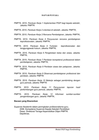 66 Modul PIGP bagi Pembimbing
DAFTAR PUSTAKA
PMPTK. 2010. Panduan Kerja 1 Implementasi PIGP bagi kepala sekolah,
Jakarta: PMPTK
PMPTK, 2010. Panduan Kerja 2 orientasi di sekolah, Jakarta: PMPTK.
PMPTK. 2010. Panduan Kerja 3 Rencana Pembelajaran, Jakarta: PMPTK,
PMPTK. 2010. Panduan Kerja 4 Penyusunan rencana pembelajaran
keprofesionalan, Jakarta: PMPTK.
PMPTK. 2010. Panduan Kerja 5 Tuntutan keprofesionalan dan
tanggungjawab hukum, Jakarta: PMPTK.
PMPTK. 2010. Panduan Kerja 6 Pengelolaan kelas dan siswa, Jakarta:
PMPTK.
PMPTK. 2010. Panduan Kerja 7 Penilaian kompetensi professional dalam
pembelajaran, Jakarta: PMPTK.
PMPTK. 2010. Panduan Kerja 8 Penilaian siswa dan pelaporan, Jakarta:
PMPTK.
PMPTK. 2010. Panduan Kerja 9 Observasi pembelajaran profesional dan
penilaian, Jakarta: PMPTK
PMPTK. 2010. Panduan Kerja 10 Bekerja sebagai pembimbing dengan
guru pemula, Jakarta: PMPTK
PMPTK. 2010. Panduan Kerja 11 Penyusunan laporan hasil
perkembangan guru pemula, Jakarta: PMPTK.
PMPTK. 2010. Panduan Kerja 12 Informasi sumber-sumber
pengembangan guru. Jakarta: PMPTK.
Bacaan yang Disarankan
Supervisi Akademik dalam peningkatan profesionalisme guru.
2006. Kompetensi Supervisi Kepala Sekolah Pendidikan
Dasar. Direktorat Tenaga Kependidikan Ditjen PMPTK
Depdiknas.
 