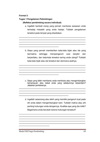 Modul PIGP bagi Pembimbing 69
Format 3:
Tugas 1 Pengalaman Pebimbingan
(Refleksi pembimbing secara individual)
a. Ingatlah kembali orang yang pernah membuka wawasan anda
terhadap masalah yang anda hadapi. Tulislah pengalaman
tersebut pada tempat yang disediakan.
______________________________________________________________
______________________________________________________________
______________________________________________________________
______________________________________________________________
_____________________________________
b. Siapa yang pernah memberikan kata-kata bijak atau ide yang
bermakna sehingga mempengaruhi cara berpikir dan
berperilaku, dan kata-kata tersebut sering anda ulangi? Tulislah
kata-kata bijak atau ide tersebut dan darimana asalnya.
______________________________________________________________
______________________________________________________________
______________________________________________________________
______________________________________________________________
_____________________________________
c. Siapa yang telah membantu anda membuka atau mengembangkan
kemampuan atau bakat anda yang sebelumnya terpendam?
Jelaskan peristiwanya.
______________________________________________________________
______________________________________________________________
______________________________________________________________
______________________________________________
d. Ingatlah seseorang atau lebih yang memiliki pengaruh kuat pada
diri anda dalam mengembangkan karir. Tulislah makna atau arti
penting hubungan anda dengannya. Kualitas apa yang dia miliki?
Bagaimana anda berubah karena hubungan tersebut?
___________________________________________________________
___________________________________________________________
___________________________________________________________
___________________________________________________________
___________________________________________________________
___________________________
 