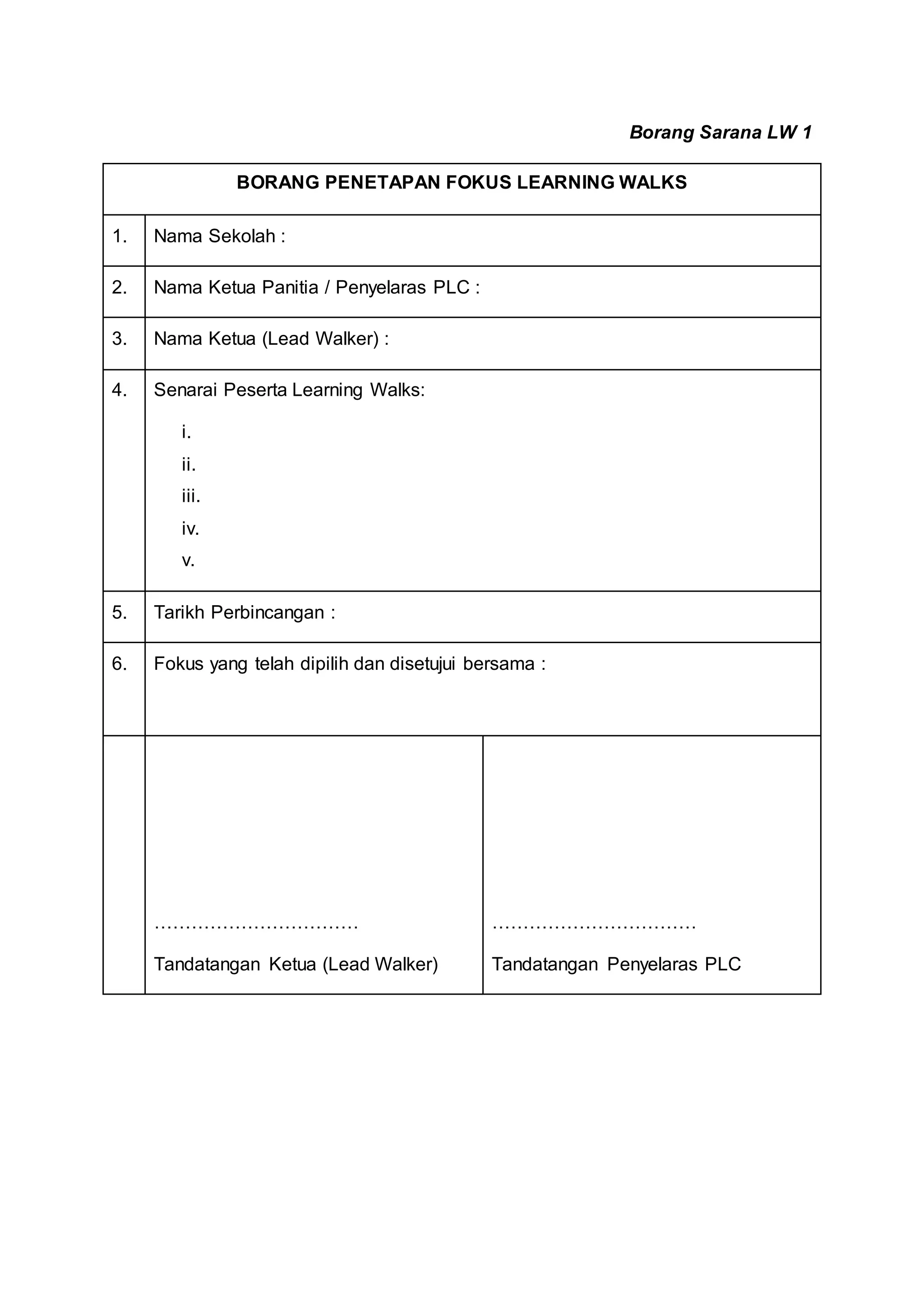 Borang Sarana LW 1
BORANG PENETAPAN FOKUS LEARNING WALKS
1. Nama Sekolah :
2. Nama Ketua Panitia / Penyelaras PLC :
3. Nama Ketua (Lead Walker) :
4. Senarai Peserta Learning Walks:
i.
ii.
iii.
iv.
v.
5. Tarikh Perbincangan :
6. Fokus yang telah dipilih dan disetujui bersama :
……………………………
Tandatangan Ketua (Lead Walker)
……………………………
Tandatangan Penyelaras PLC
 