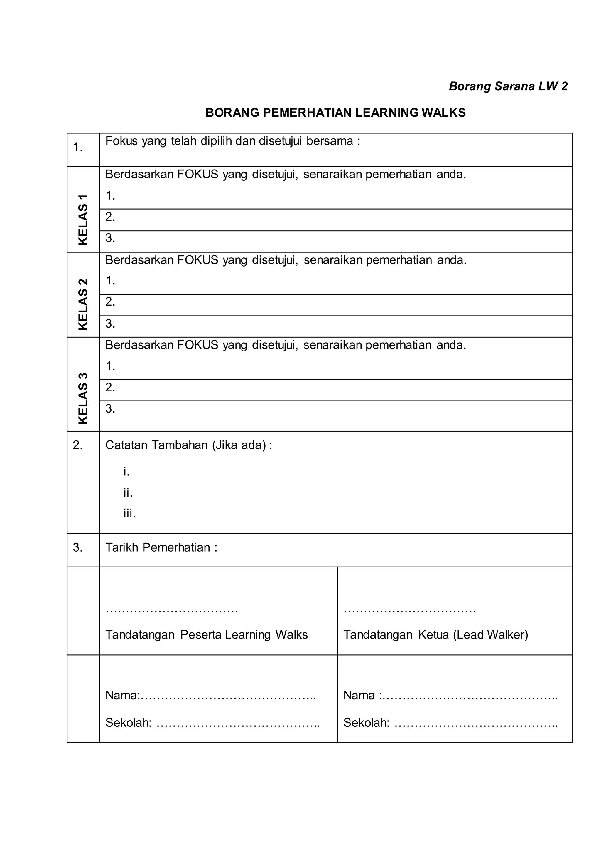 Borang Sarana LW 2
BORANG PEMERHATIAN LEARNING WALKS
1.
Fokus yang telah dipilih dan disetujui bersama :
KELAS1
Berdasarkan FOKUS yang disetujui, senaraikan pemerhatian anda.
1.
2.
3.
KELAS2
Berdasarkan FOKUS yang disetujui, senaraikan pemerhatian anda.
1.
2.
3.
KELAS3
Berdasarkan FOKUS yang disetujui, senaraikan pemerhatian anda.
1.
2.
3.
2. Catatan Tambahan (Jika ada) :
i.
ii.
iii.
3. Tarikh Pemerhatian :
……………………………
Tandatangan Peserta Learning Walks
……………………………
Tandatangan Ketua (Lead Walker)
Nama:……………………………………..
Sekolah: …………………………………..
Nama :……………………………………..
Sekolah: …………………………………..
 