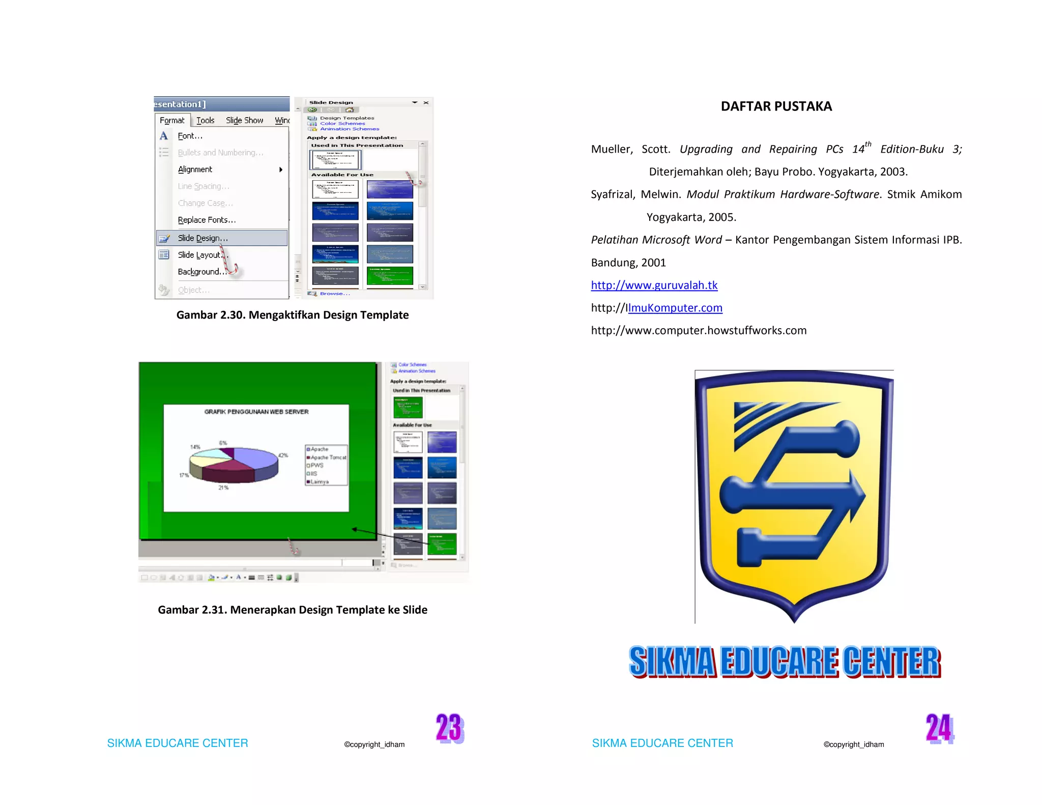 SIKMA EDUCARE CENTER ©copyright_idham SIKMA EDUCARE CENTER ©copyright_idham
Gambar 2.30. Mengaktifkan Design Template
Gambar 2.31. Menerapkan Design Template ke Slide
DAFTAR PUSTAKA
Mueller, Scott. Upgrading and Repairing PCs 14th
Edition-Buku 3;
Diterjemahkan oleh; Bayu Probo. Yogyakarta, 2003.
Syafrizal, Melwin. Modul Praktikum Hardware-Software. Stmik Amikom
Yogyakarta, 2005.
Pelatihan Microsoft Word – Kantor Pengembangan Sistem Informasi IPB.
Bandung, 2001
http://www.guruvalah.tk
http://IlmuKomputer.com
http://www.computer.howstuffworks.com
 