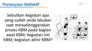 Pertanyaan Reflektif
Sebutkan kegiatan apa
yang sudah anda lakukan
saat menyelenggarakan
proses KBM pada bagian
awal KBM; kegiatan inti
KBM; kegiatan akhir KBM?
 