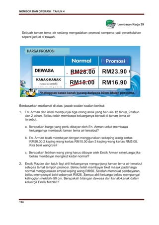 NOMBOR DAN OPERASI : TAHUN 4
124
Lembaran Kerja 39
Berdasarkan maklumat di atas, jawab soalan-soalan berikut:
1. En. Arman dan isteri mempunyai tiga orang anak yang berusia 12 tahun, 9 tahun
dan 2 tahun. Beliau telah membawa keluarganya bercuti di taman tema air
tersebut.
a. Berapakah harga yang perlu dibayar oleh En. Arman untuk membawa
keluarganya memasuki taman tema air tersebut?
b. En. Arman telah membayar dengan menggunakan sekeping wang kertas
RM50.00,2 keping wang kertas RM10.00 dan 3 keping wang kertas RM5.00.
Kira baki wangnya?
c. Berapakah lebihan wang yang harus dibayar oleh Encik Arman sekeluarga jika
beliau membayar mengikut kadar normal?
2. Encik Mazlan dan tujuh lagi ahli keluarganya mengunjungi taman tema air tersebut
selepas tamat tempoh promosi. Beliau telah membayar tiket masuk padaharga
normal menggunakan empat keping wang RM50. Setelah membuat pembayaran,
beliau mempunyai baki sebanyak RM26. Semua ahli keluarga beliau mempunyai
ketinggian melebihi 90 cm. Berapakah bilangan dewasa dan kanak-kanak dalam
keluarga Encik Mazlan?
Sebuah taman tema air sedang mengadakan promosi sempena cuti persekolahan
seperti jadual di bawah.
HARGA PROMOSI
Promosi
DDEWASA
KKANAK--KKANAK
(12tahun ke bawah)
RM23.90
RM16.90
**Ketinggian kanak--kkanak kurang daripada 90cm adalah ppercuma.
RM28.00
RM18.00
RM28 0
M18.00
 
