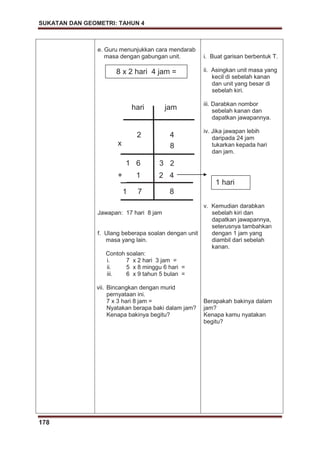 SUKATAN DAN GEOMETRI: TAHUN 4
178
e. Guru menunjukkan cara mendarab
masa dengan gabungan unit.
Jawapan: 17 hari 8 jam
f. Ulang beberapa soalan dengan unit
masa yang lain.
Contoh soalan:
i. 7 x 2 hari 3 jam =
ii. 5 x 8 minggu 6 hari =
iii. 6 x 9 tahun 5 bulan =
vii. Bincangkan dengan murid
pernyataan ini.
7 x 3 hari 8 jam =
Nyatakan berapa baki dalam jam?
Kenapa bakinya begitu?
i. Buat garisan berbentuk T.
ii. Asingkan unit masa yang
kecil di sebelah kanan
dan unit yang besar di
sebelah kiri.
iii. Darabkan nombor
sebelah kanan dan
dapatkan jawapannya.
iv. Jika jawapan lebih
daripada 24 jam
tukarkan kepada hari
dan jam.
v. Kemudian darabkan
sebelah kiri dan
dapatkan jawapannya,
seterusnya tambahkan
dengan 1 jam yang
diambil dari sebelah
kanan.
Berapakah bakinya dalam
jam?
Kenapa kamu nyatakan
begitu?
8 x 2 hari 4 jam =
2 4
23
1
8
2 4
1 6
x
hari jam
+
871
1 hari
 