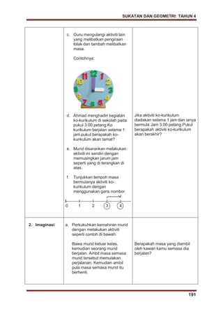 SUKATAN DAN GEOMETRI: TAHUN 4
191
c. Guru mengulangi aktiviti lain
yang melibatkan pengiraan
tolak dan tambah melibatkan
masa.
Contohnya:
d. Ahmad menghadiri kegiatan
ko-kurikulum di sekolah pada
pukul 3.00 petang.Ko
kurikulum berjalan selama 1
jam.pukul berapakah ko-
kurikulum akan tamat?
e. Murid disarankan melakukan
aktiviti ini sendiri dengan
memusingkan jarum jam
seperti yang di terangkan di
atas.
f. Tunjukkan tempoh masa
bermulanya aktiviti ko-
kurikulum dengan
menggunakan garis nombor.
0 1 2 3 4
Jika aktiviti ko-kurikulum
diadakan selama 1 jam dan ianya
bermula Jam 3.00 petang.Pukul
berapakah aktiviti ko-kurikulum
akan berakhir?
2. Imaginasi a. Perkukuhkan kemahiran murid
dengan melakukan aktiviti
seperti contoh di bawah:
Bawa murid keluar kelas,
kemudian seorang murid
berjalan. Ambil masa semasa
murid tersebut memulakan
perjalanan. Kemudian ambil
pula masa semasa murid itu
berhenti.
Berapakah masa yang diambil
oleh kawan kamu semasa dia
berjalan?
 