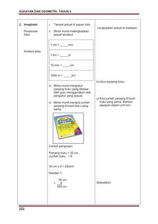 SUKATAN DAN GEOMETRI: TAHUN 4
222
2. Imaginasi
Penjanaan
Idea
Sintesis Idea
i. Tampal jadual di papan tulis.
ii. Minta murid melengkapkan
jadual tersebut.
1 cm = _____mm
1 km = _____m
10 mm = ____ cm
1000 m = _____km
iii. Minta murid mengukur
panjang buku yang dibawa
oleh guru menggunakan alat
pengukur yang sesuai.
iv. Minta murid mengira jumlah
panjang 8 buah buku yang
sama.
Contoh pengiraan:
Panjang buku = 30 cm
Jumlah buku = 8
30 cm x 8 = 240cm
Kaedah 1:
30 cm
× 8
240 cm
Lengkapkan jadual di hadapan.
b) Ukur panjang buku.
c) Kira jumlah panjang 8 buah
buku yang sama. Berikan
jawapan dalam unit mm.
Selesaikan.
 