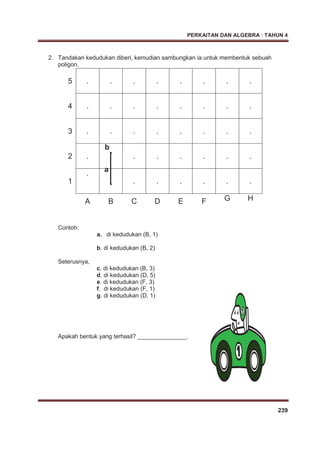 PERKAITAN DAN ALGEBRA : TAHUN 4
239
2. Tandakan kedudukan diberi, kemudian sambungkan ia untuk membentuk sebuah
poligon.
Contoh:
a. di kedudukan (B, 1)
b. di kedudukan (B, 2)
Seterusnya,
c. di kedudukan (B, 3)
d. di kedudukan (D, 5)
e. di kedudukan (F, 3)
f. di kedudukan (F, 1)
g. di kedudukan (D, 1)
Apakah bentuk yang terhasil? _______________.
5 . . . . . . . .
4 . . . . . . . .
3 . . . . . . . .
2 .
. . . . . . .
1
.
. . . . . . .
A B C D E F G H
a
b
 