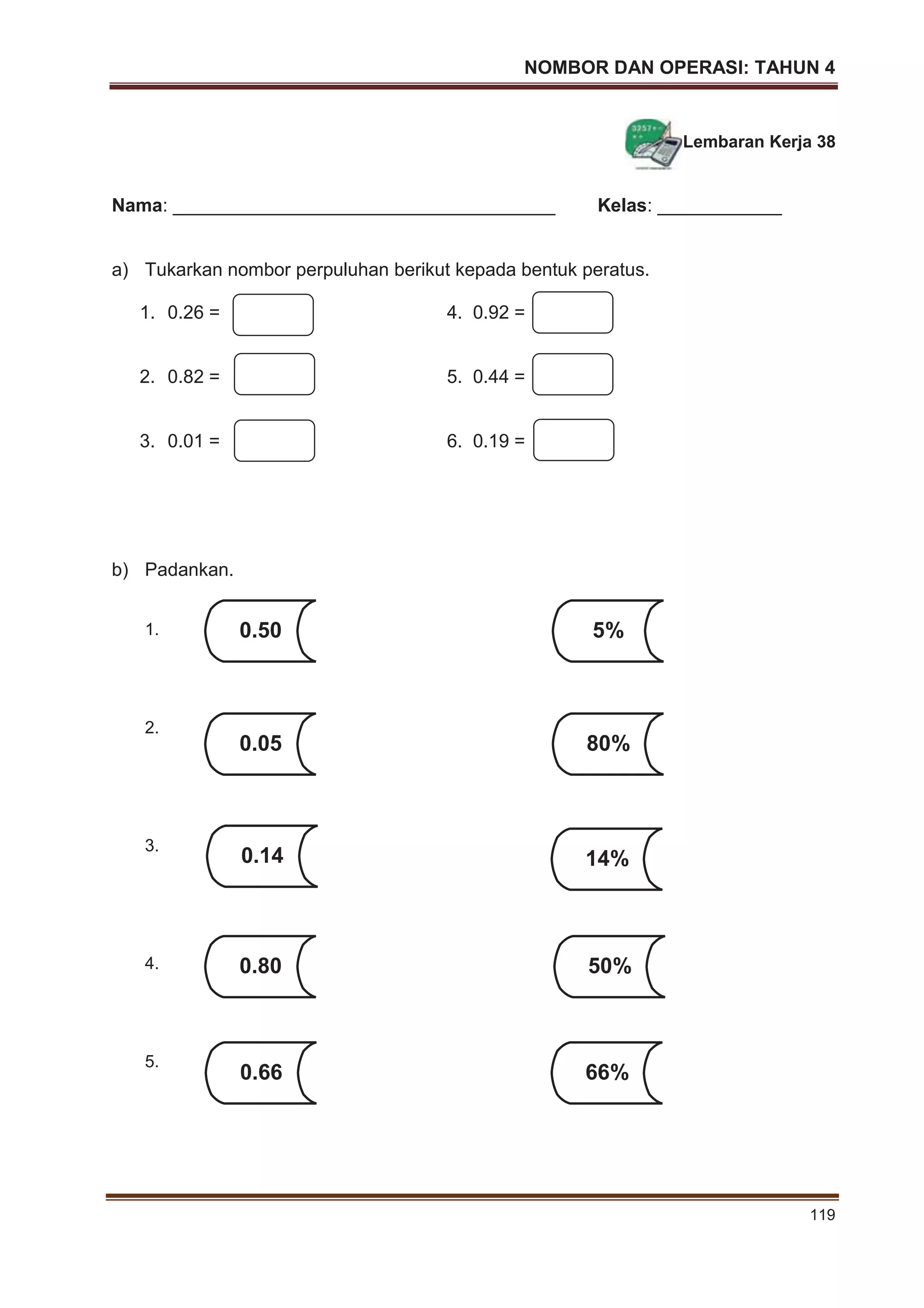 NOMBOR DAN OPERASI: TAHUN 4
119
Lembaran Kerja 38
Nama: _____________________________________ Kelas: ____________
a) Tukarkan nombor perpuluhan berikut kepada bentuk peratus.
1. 0.26 = 4. 0.92 =
2. 0.82 = 5. 0.44 =
3. 0.01 = 6. 0.19 =
b) Padankan.
1.
2.
3.
4.
5.
0.66 66%
0.50 5%
0.05 80%
0.14 14%
0.80 50%
 