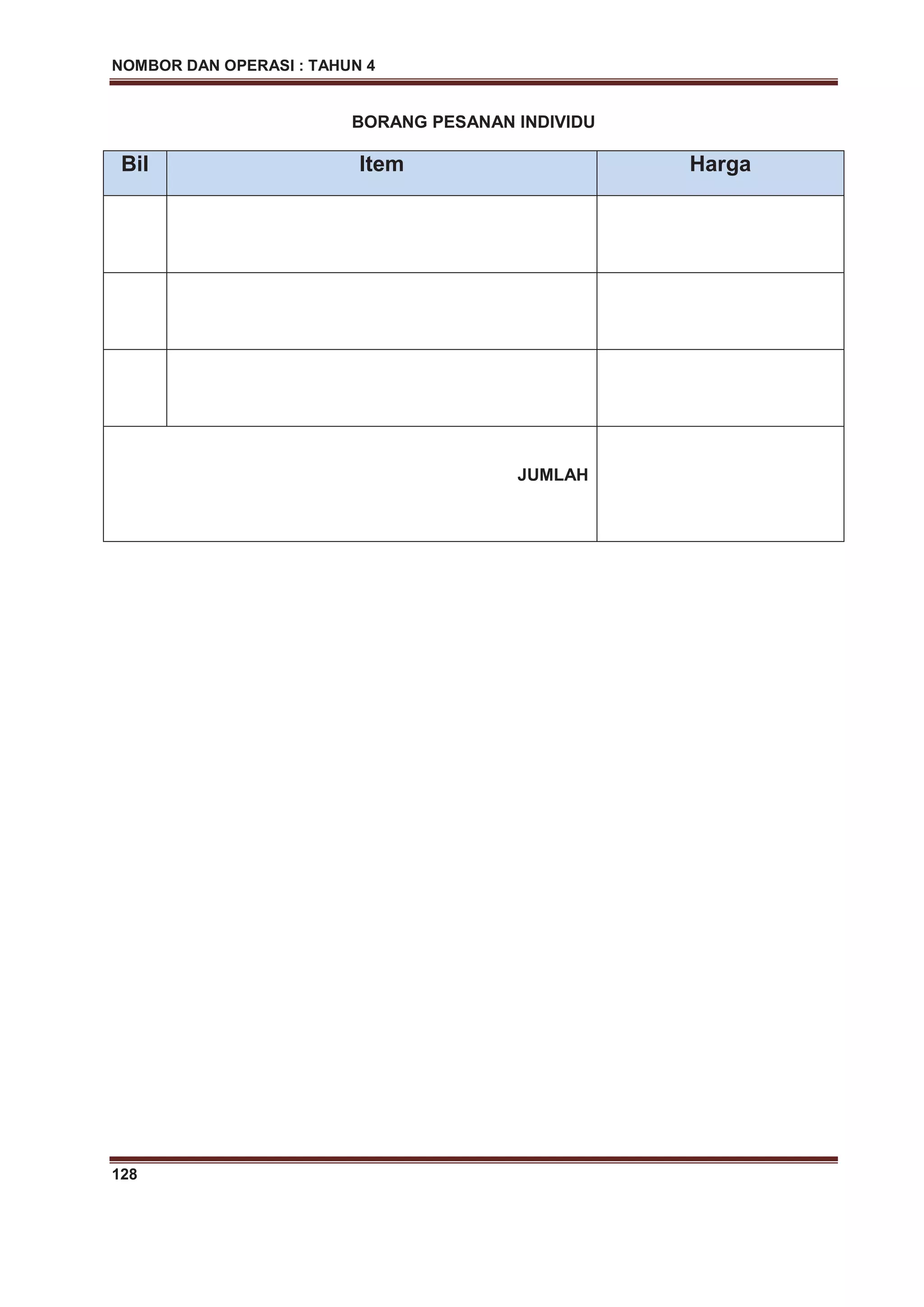 NOMBOR DAN OPERASI : TAHUN 4
128
BORANG PESANAN INDIVIDU
Bil Item Harga
JUMLAH
 