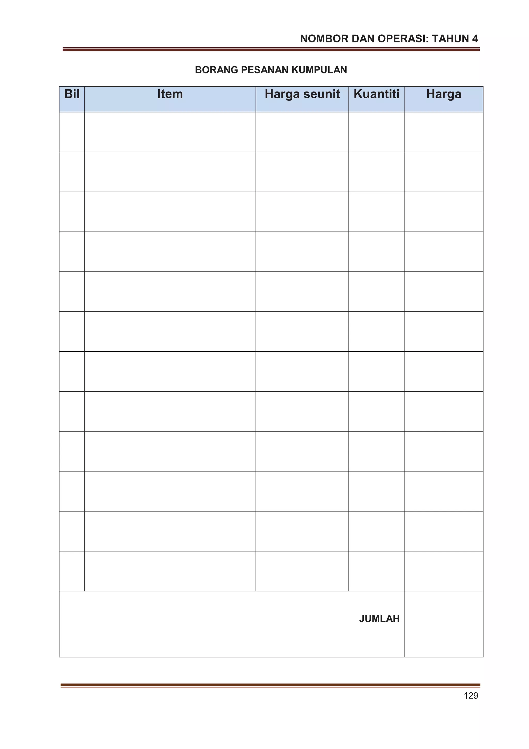 NOMBOR DAN OPERASI: TAHUN 4
129
BORANG PESANAN KUMPULAN
Bil Item Harga seunit Kuantiti Harga
JUMLAH
 